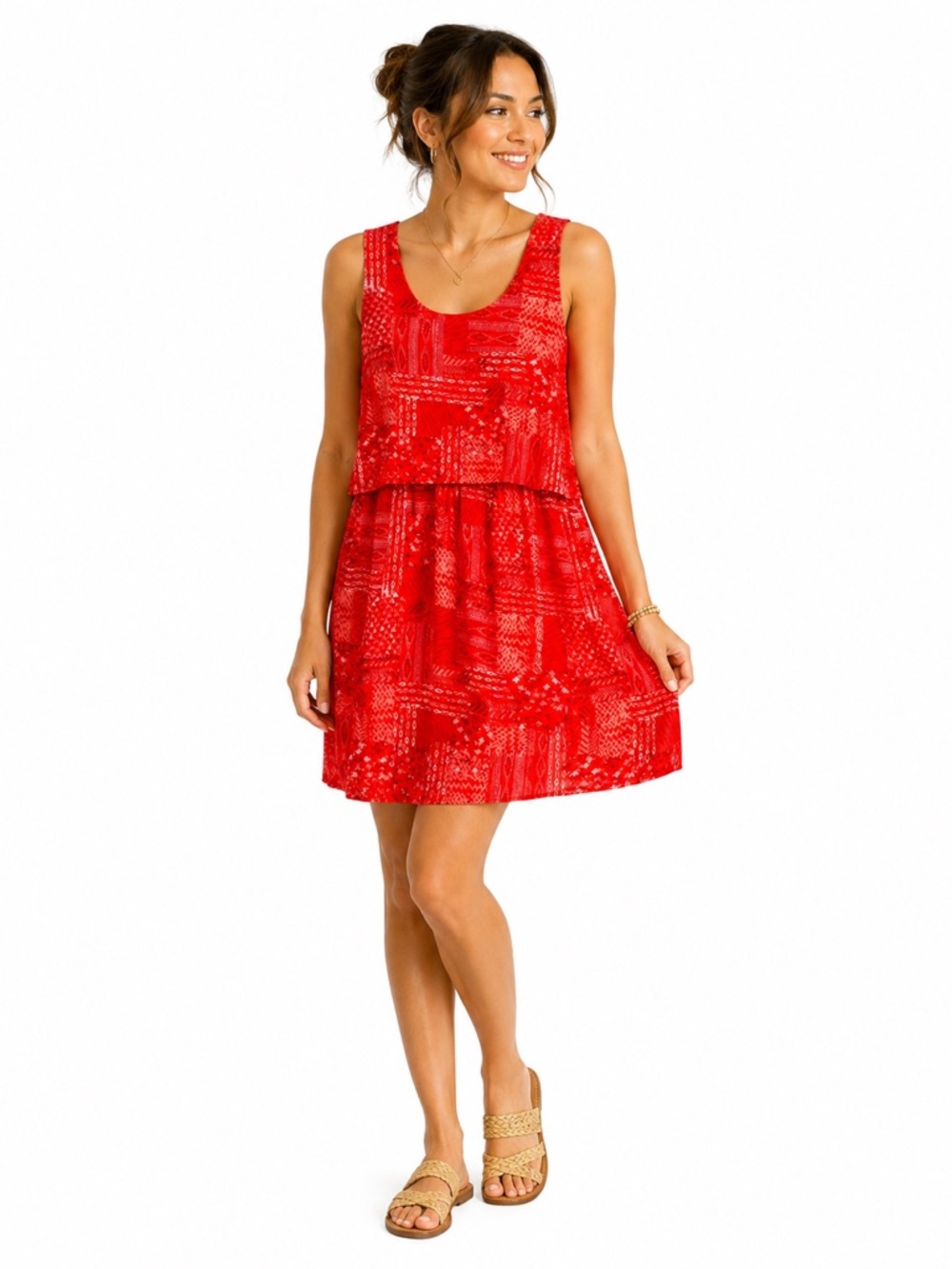 Faded Glory Red Sleeveless Tiered Mini Sundress XL Lightweight Beach Vacation